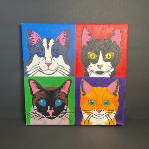 Original Handmade Square Colorful Acrylic on Canvas Pop Art Cat Painting 10"